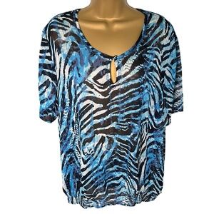 Chico’s Zebra Burnout Blouse Sheer Keyhole Neck Blue 3
